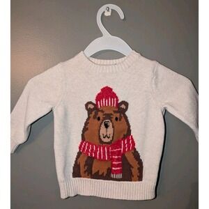 Old Navy Boy's Beige LS Crew Neck Sweater Brown Bear Red Scarf Hat 18-24 Months
